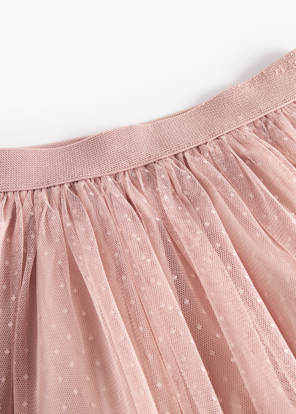 Detaljebillede af elastik i taljen på lyserød tylnederdel med prikmønster