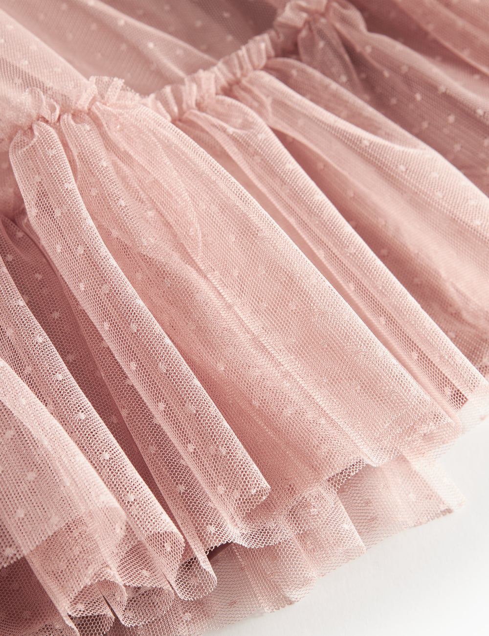 Nærbillede af lagdelt lyserød tylnederdel med fint prikmønster