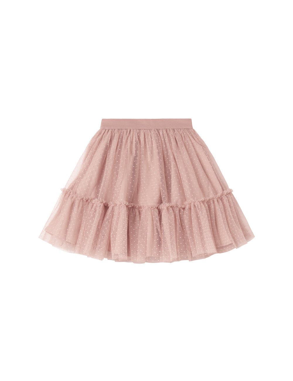 Close-up of layered pink tulle skirt with delicate polka dot pattern