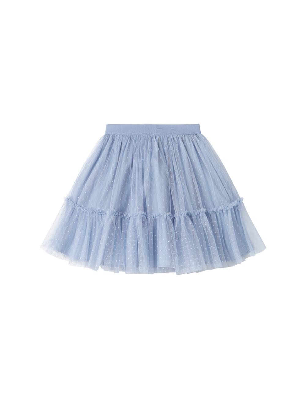 Detail of blue tulle skirt with polka dot pattern and elastic waist