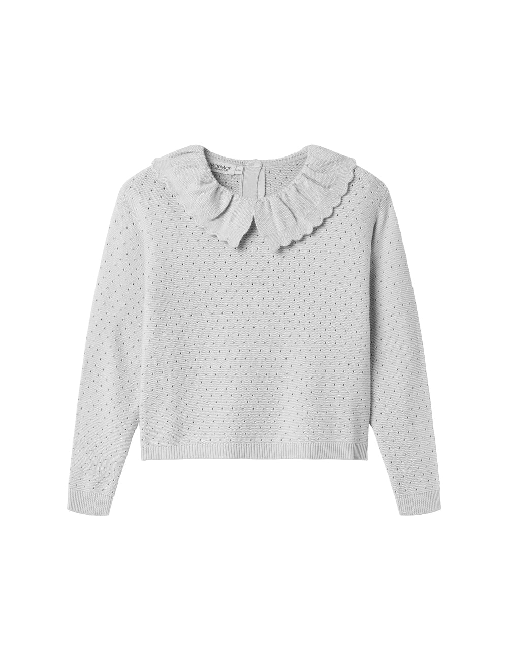 Grey knitted blouse for children with ruffle collar and lace pattern, front view