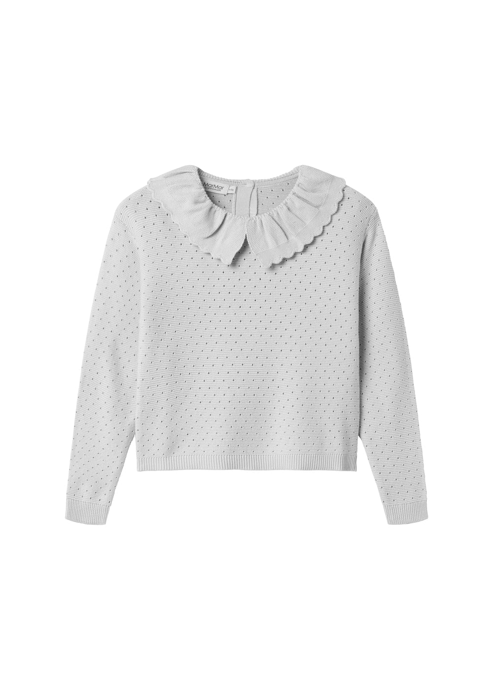 Grå strikbluse til børn med flæsekrave og hulmønster set forfra