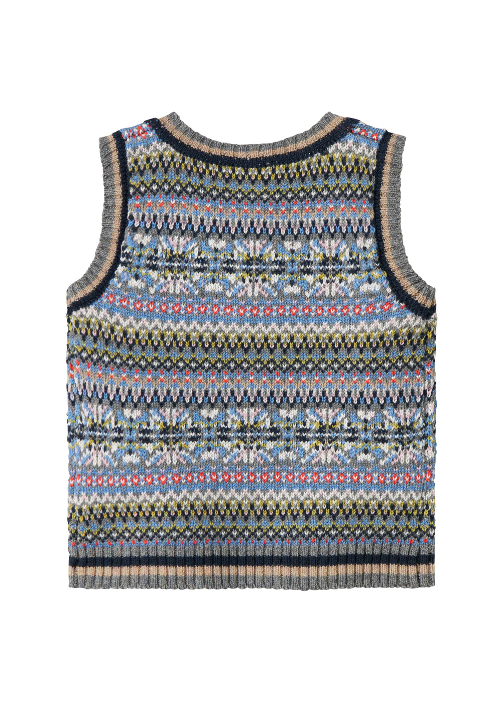 Strikket babyvest med farverigt mønster og V-hals