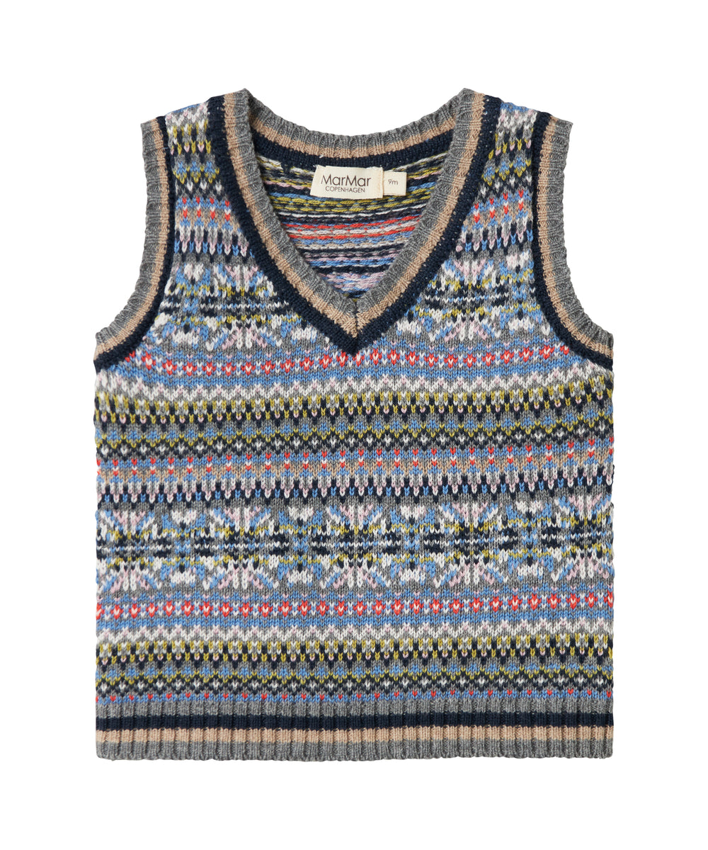 Strikket babyvest med farverigt mønster og V-hals