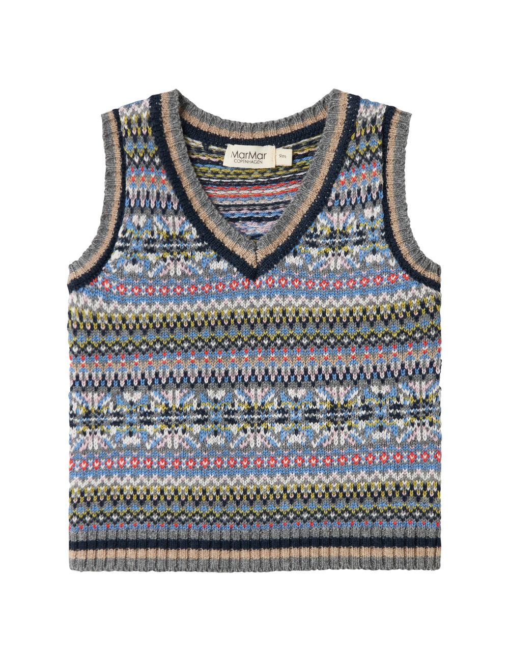 Knitted baby vest with colorful pattern and V-neck
