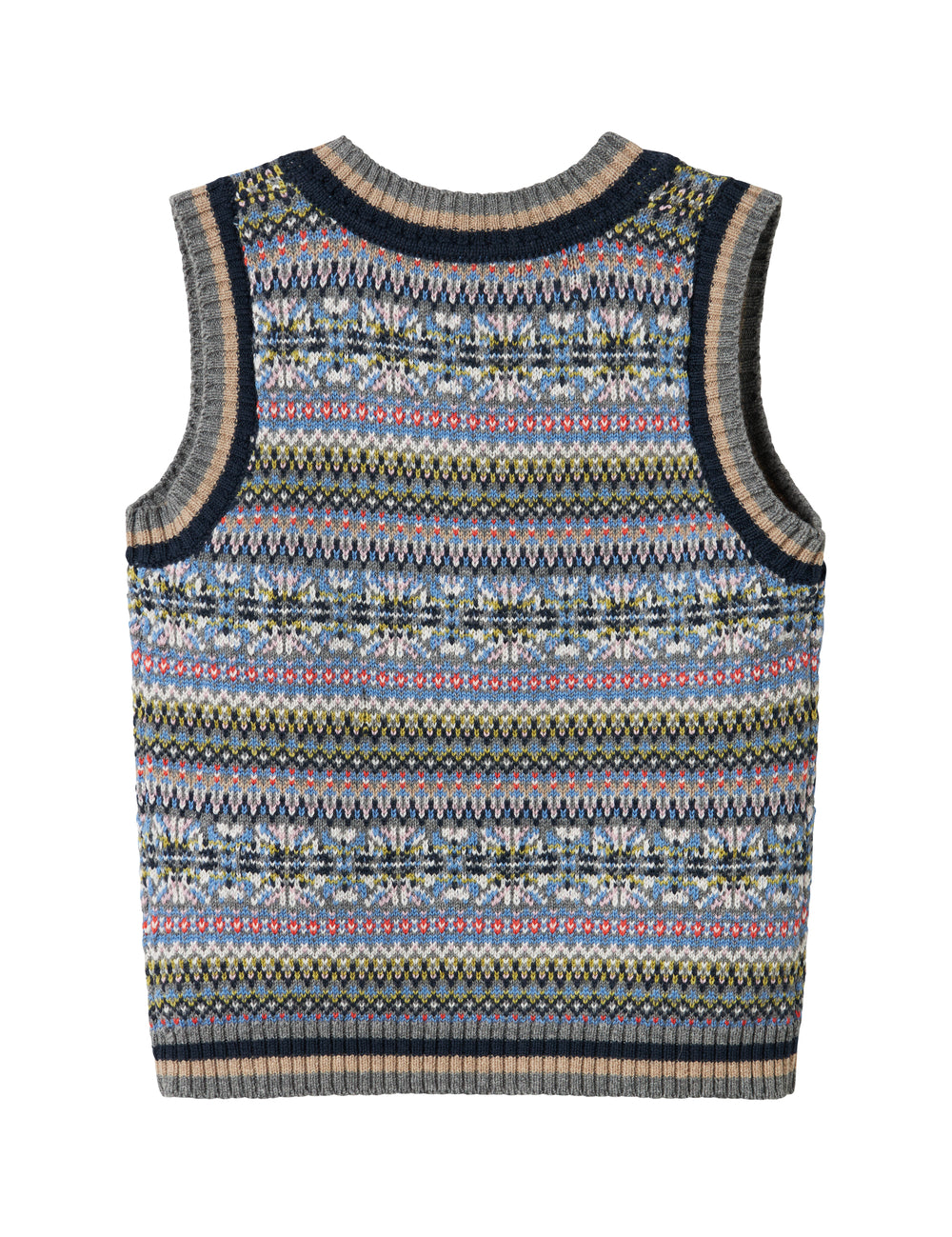 Strikket børnevest med farverigt mønster og V-hals