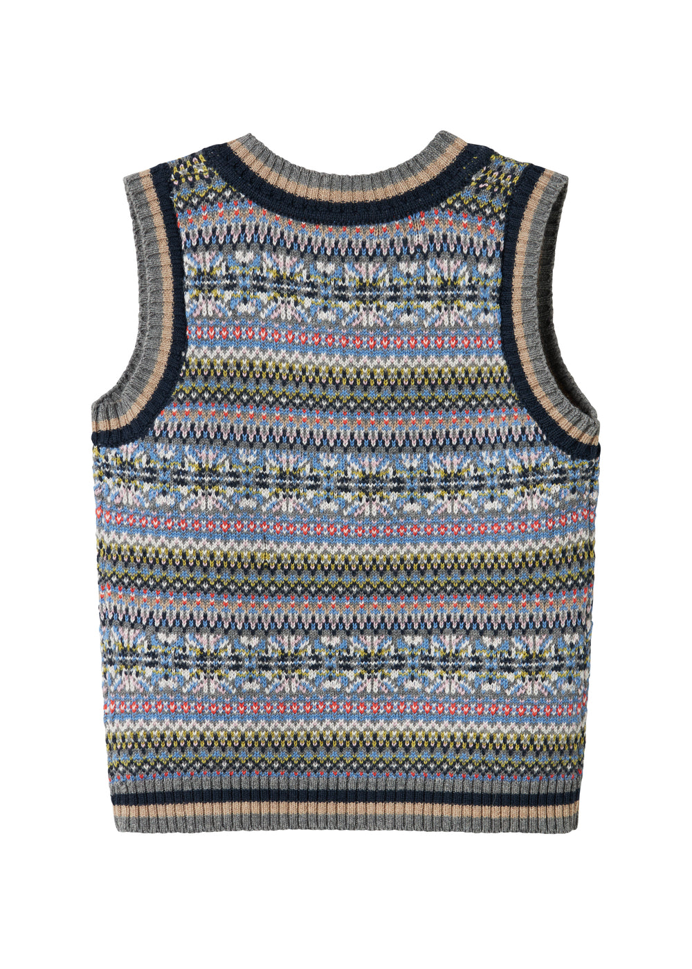 Strikket børnevest med farverigt mønster og V-hals
