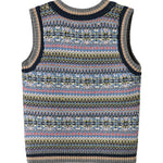Strikket børnevest med farverigt mønster og V-hals