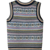Strikket børnevest med farverigt mønster og V-hals