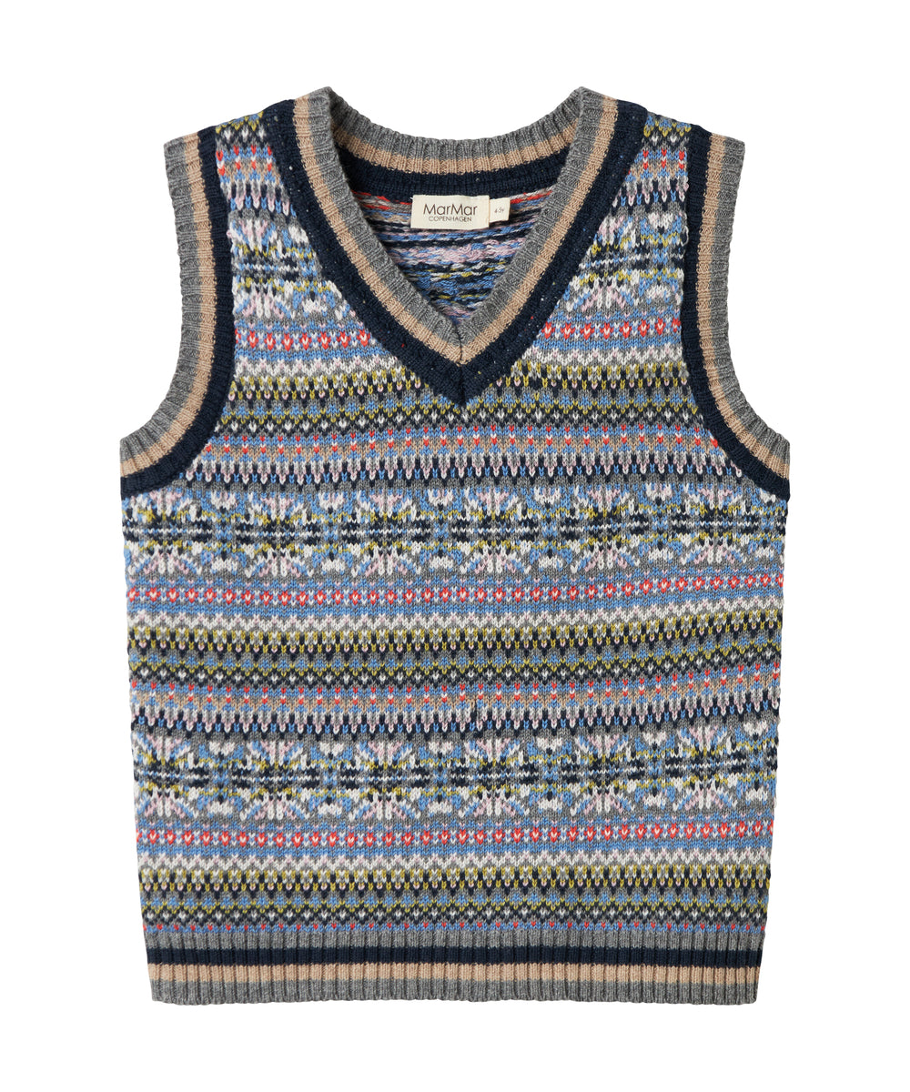 Strikket børnevest med farverigt mønster og V-hals