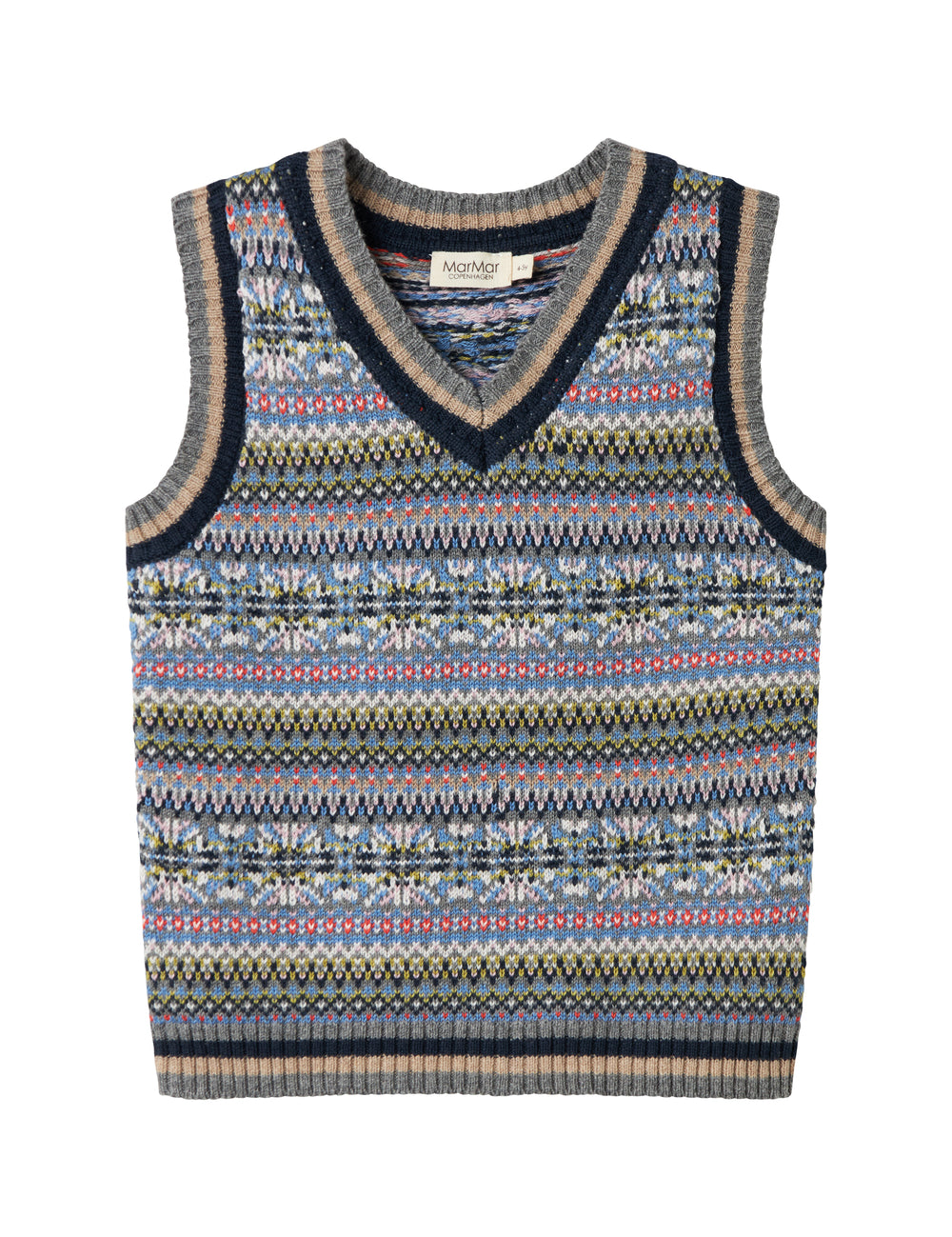 Strikket børnevest med farverigt mønster og V-hals