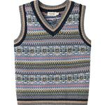 Strikket børnevest med farverigt mønster og V-hals