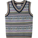 Strikket børnevest med farverigt mønster og V-hals