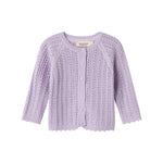 Lilla strikcardigan til børn med knapper og hulmønster