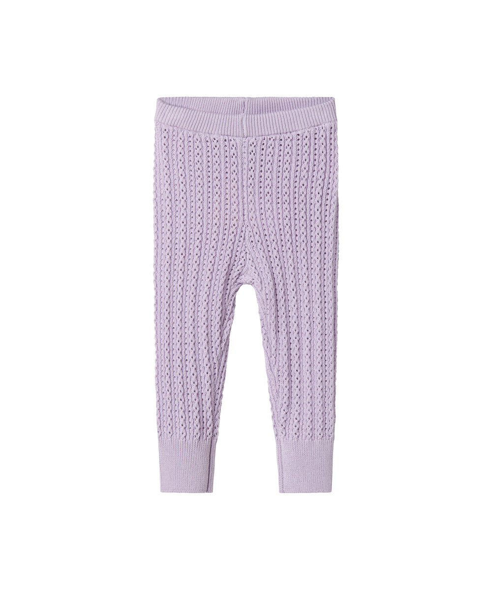 Strikkede lilla leggings til baby i blødt bomuld