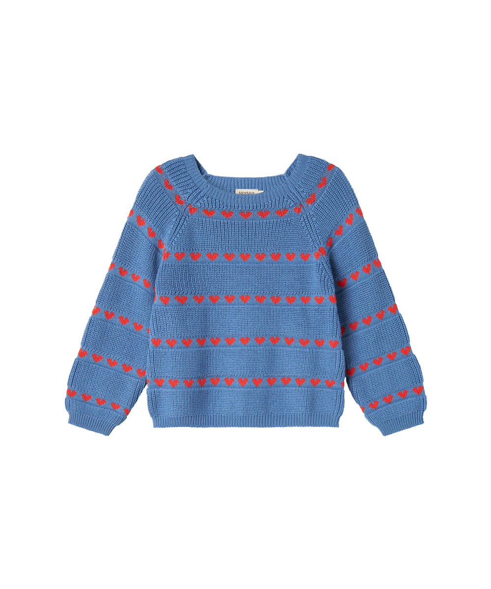Blå striktrøje til børn med røde hjerter og lange ærmer