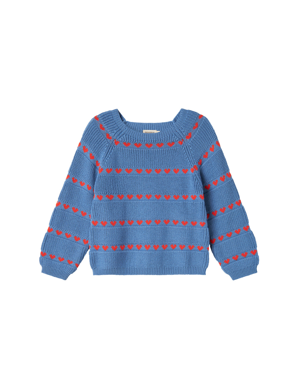 Blue knit sweater for children with red hearts and long sleeves