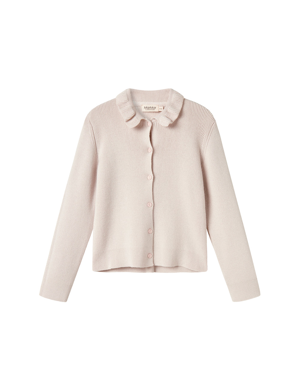 White cardigan for children with collar and button closure at the front