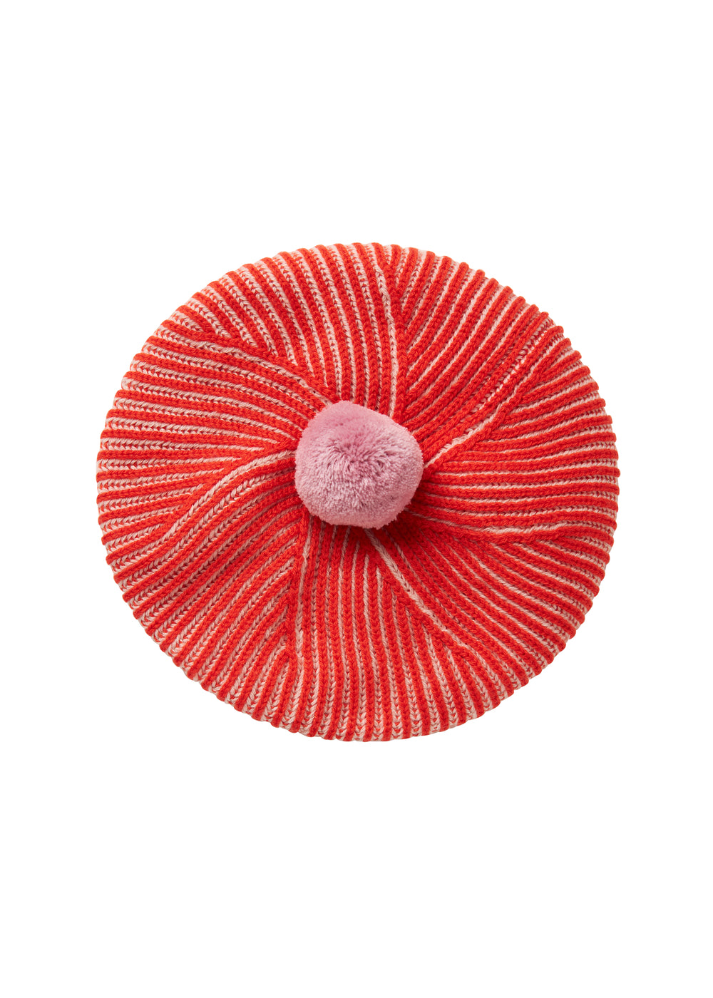 Rød og hvid strikket beret med lyserød kvast
