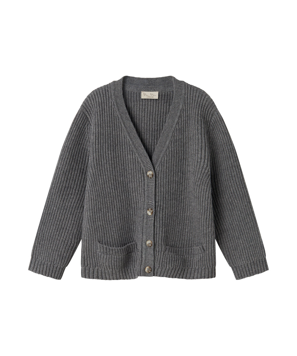 Mørkegrå strikket damecardigan med knapper og lommer