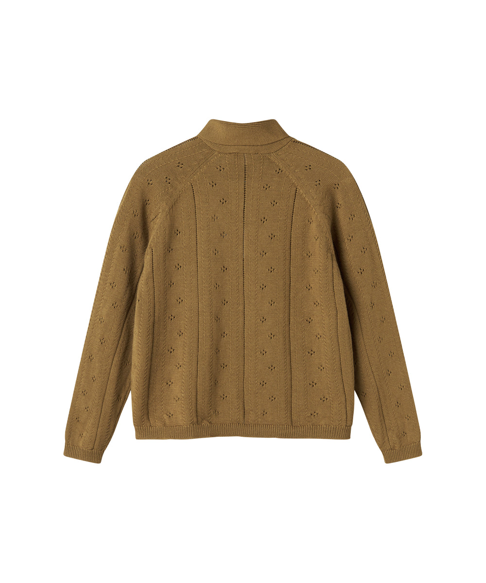 Brun strikket cardigan til børn med knapper og sløjfe ved halsen