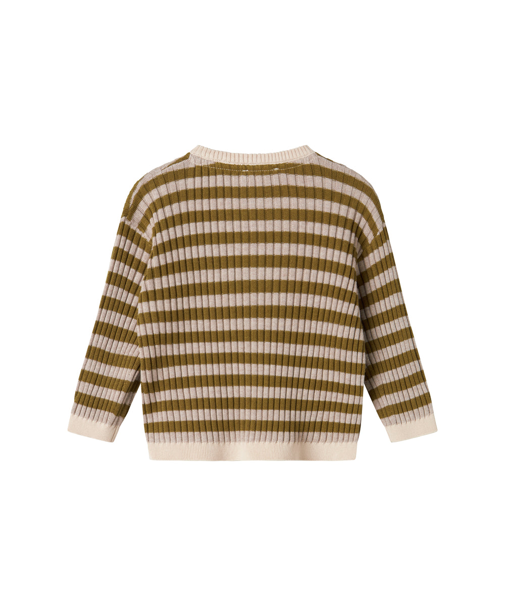 Stribet strikcardigan til børn med knaplukning og rund hals