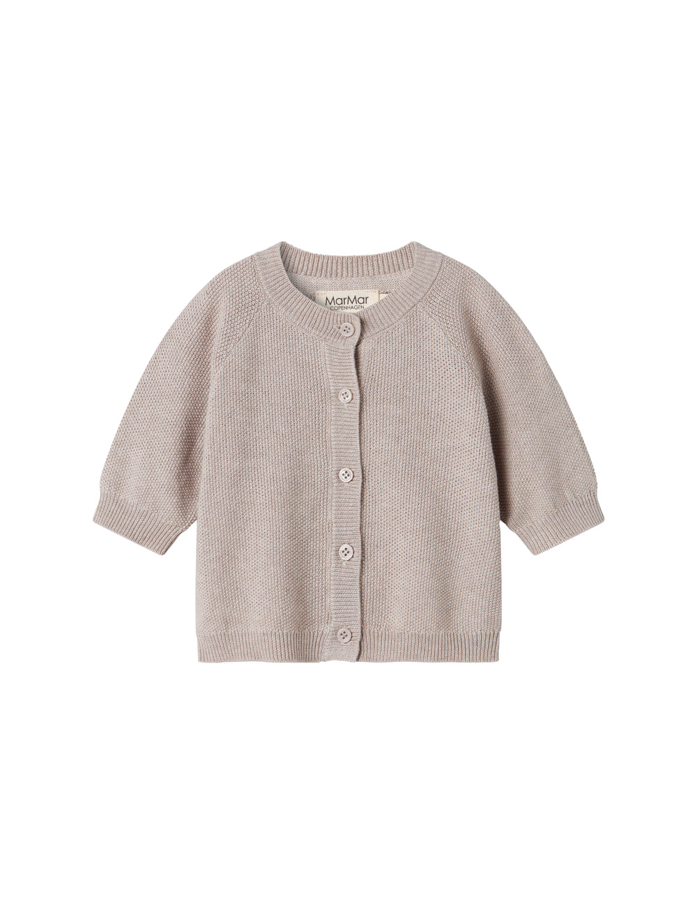 Beige/grå strikket babycardigan med knaplukning foran