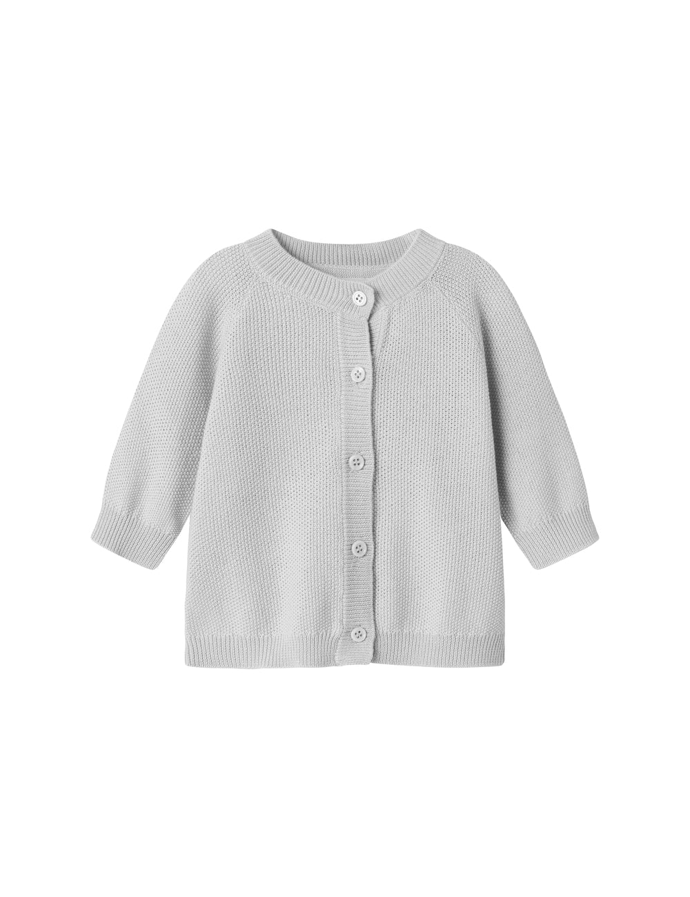 Light gray knitted baby sweater with long sleeves