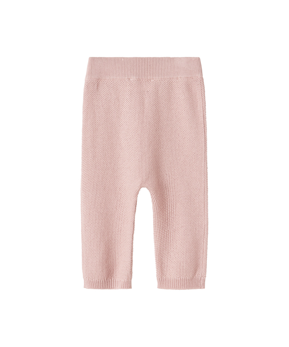 Lyserøde strikkede babybukser med elastik i taljen