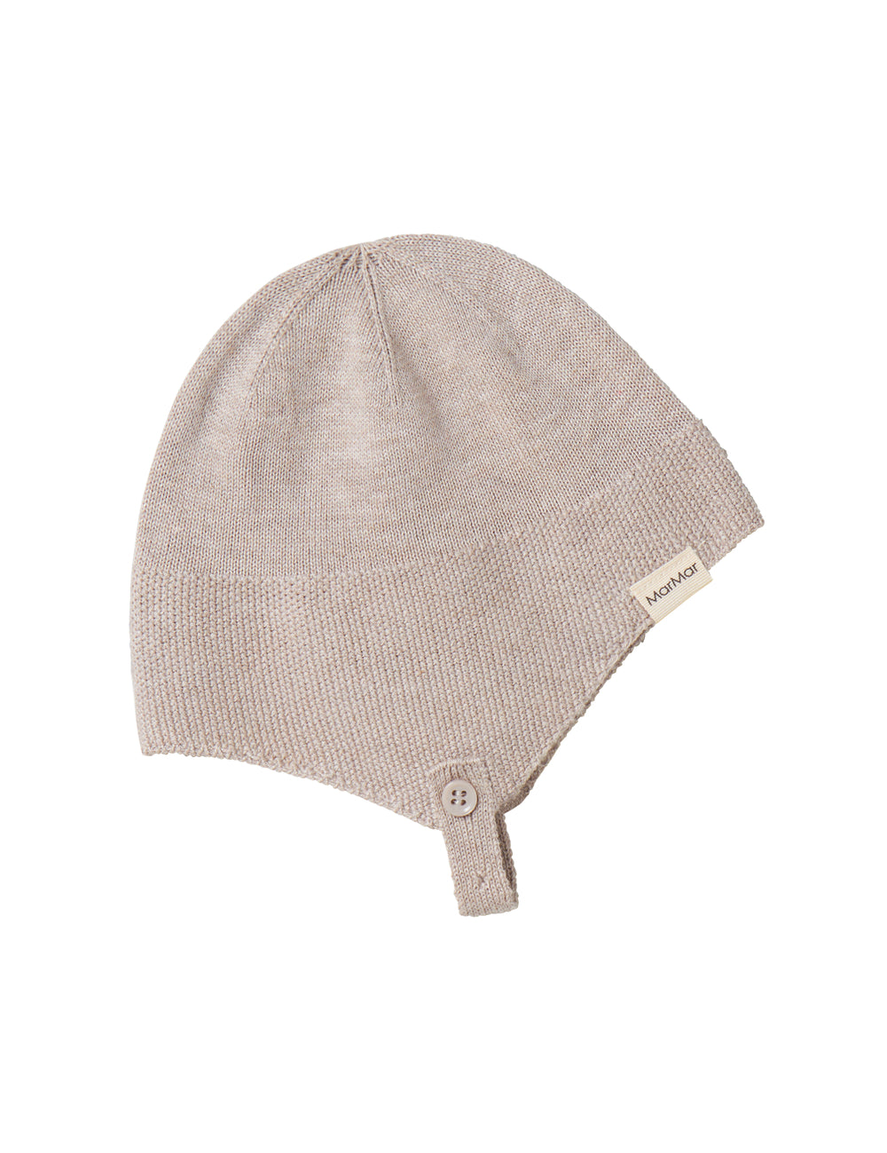 Beige knitted baby hat with small strap