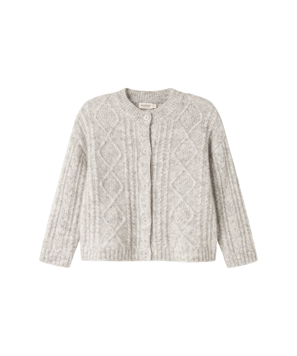 Lysegrå cardigan til børn  i uld med kabelstrik og knapper