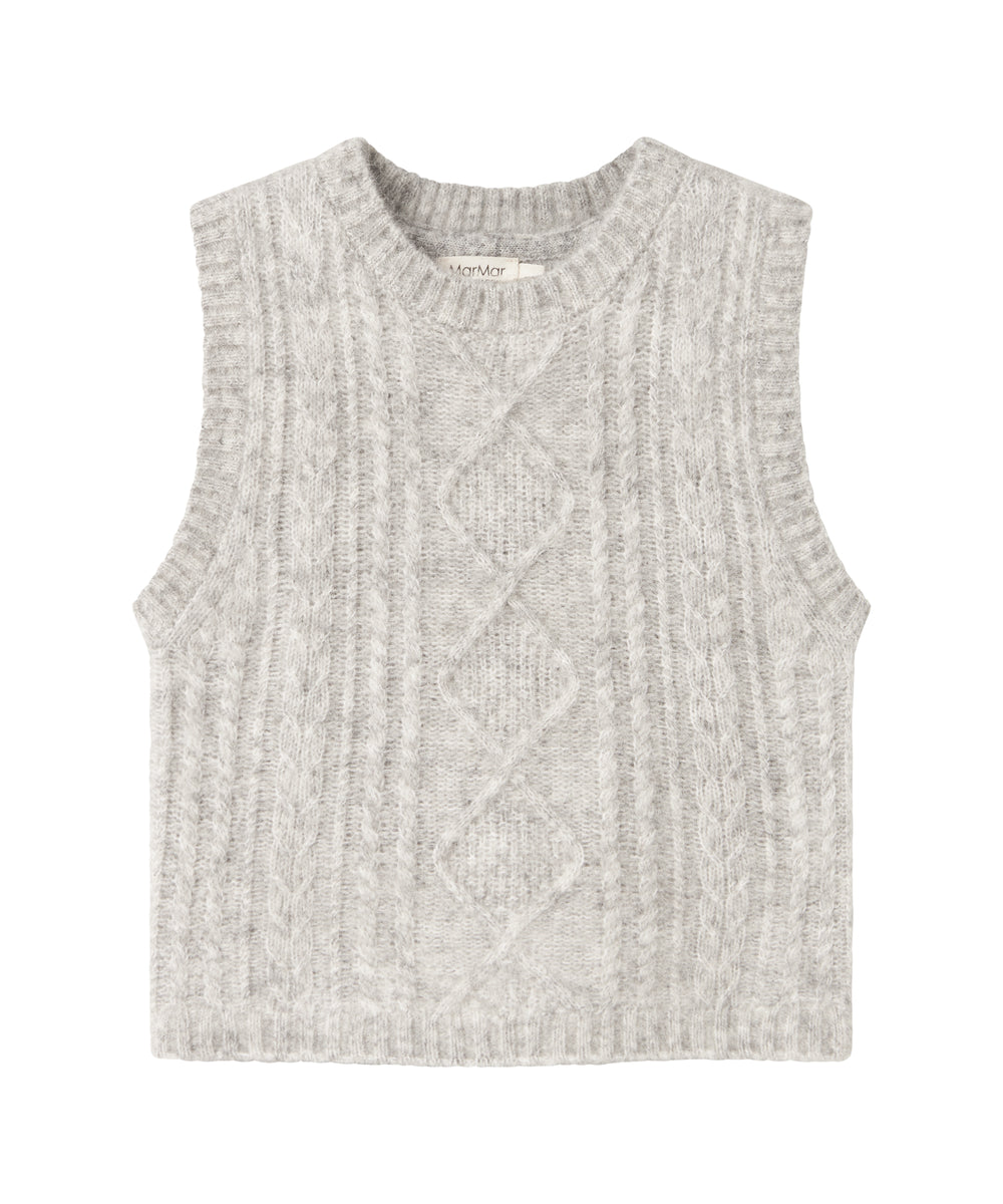 Strikvest til børn i lysegrå uld med kabelmønster