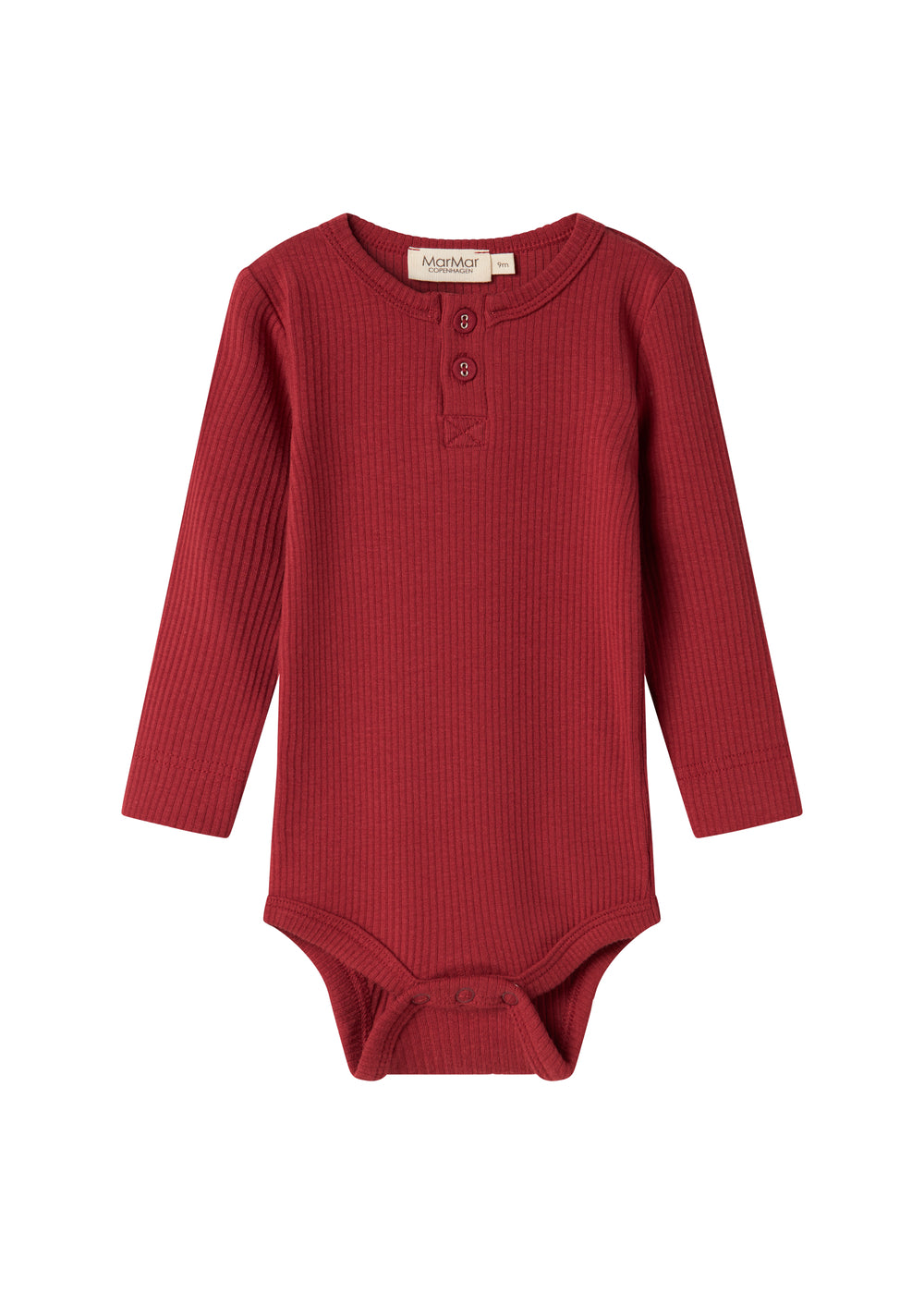 Rød ribbet body med stolpeknaplukning til baby