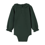 Grøn ribbet baby bodystocking med lange ærmer og flæsekrave