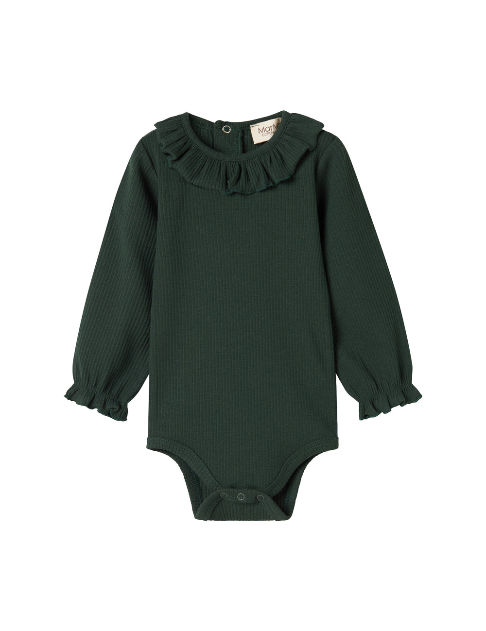 Grøn ribbet baby bodystocking med lange ærmer og flæsekrave