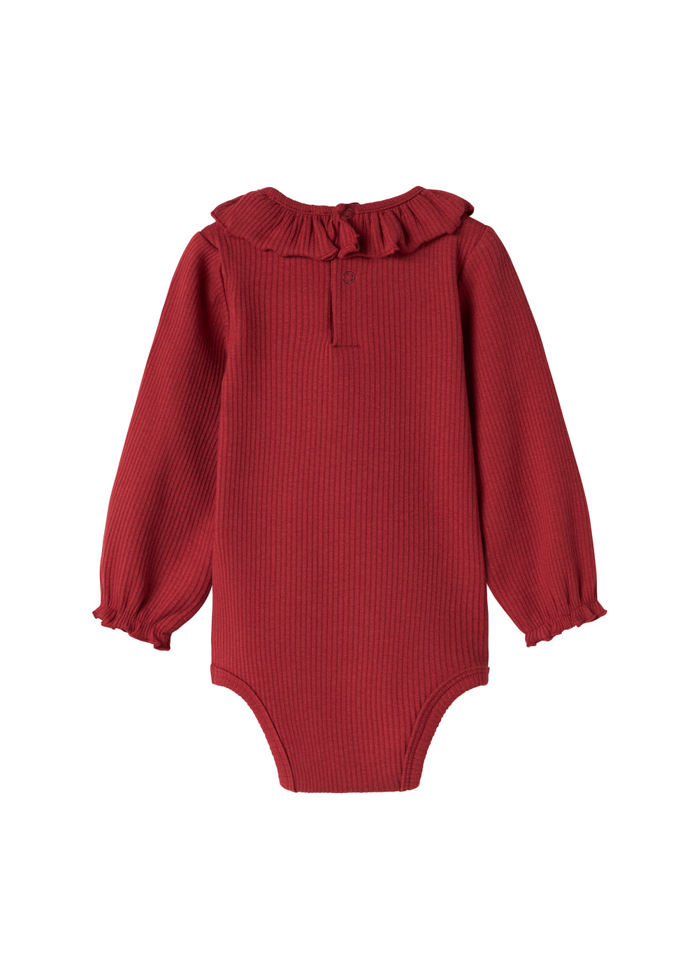 Rød ribbet body med lange ærmer og flæsekrave til baby