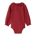 Rød ribbet body med lange ærmer og flæsekrave til baby