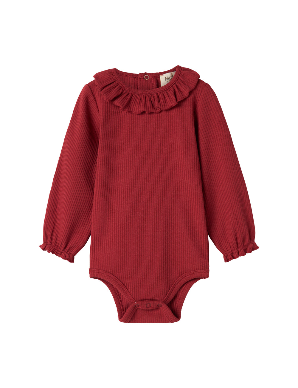 Rød ribbet krop med lange armer og flæsekrave til baby