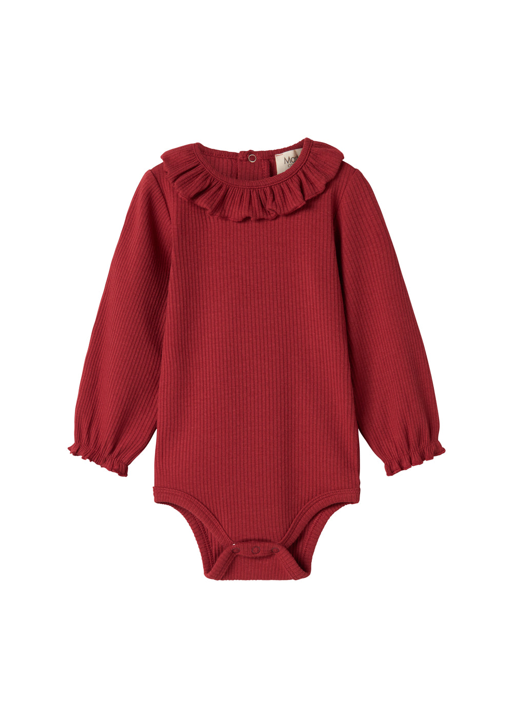 Rød ribbet body med lange ærmer og flæsekrave til baby
