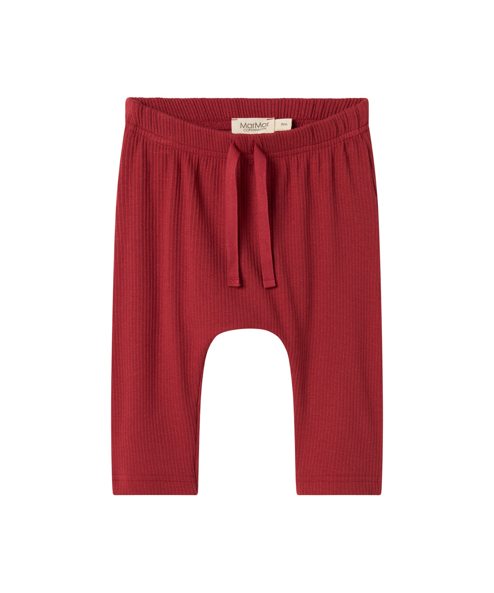 Røde ribbede babybukser med snøre i taljen