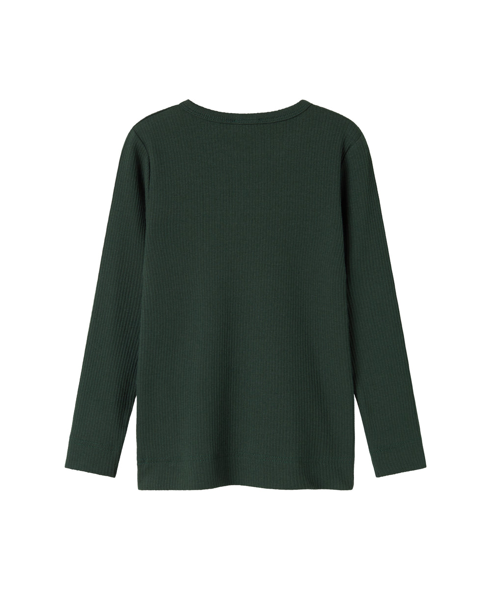 Grøn ribstrikket t-shirt med stolpe knaplukning til børn