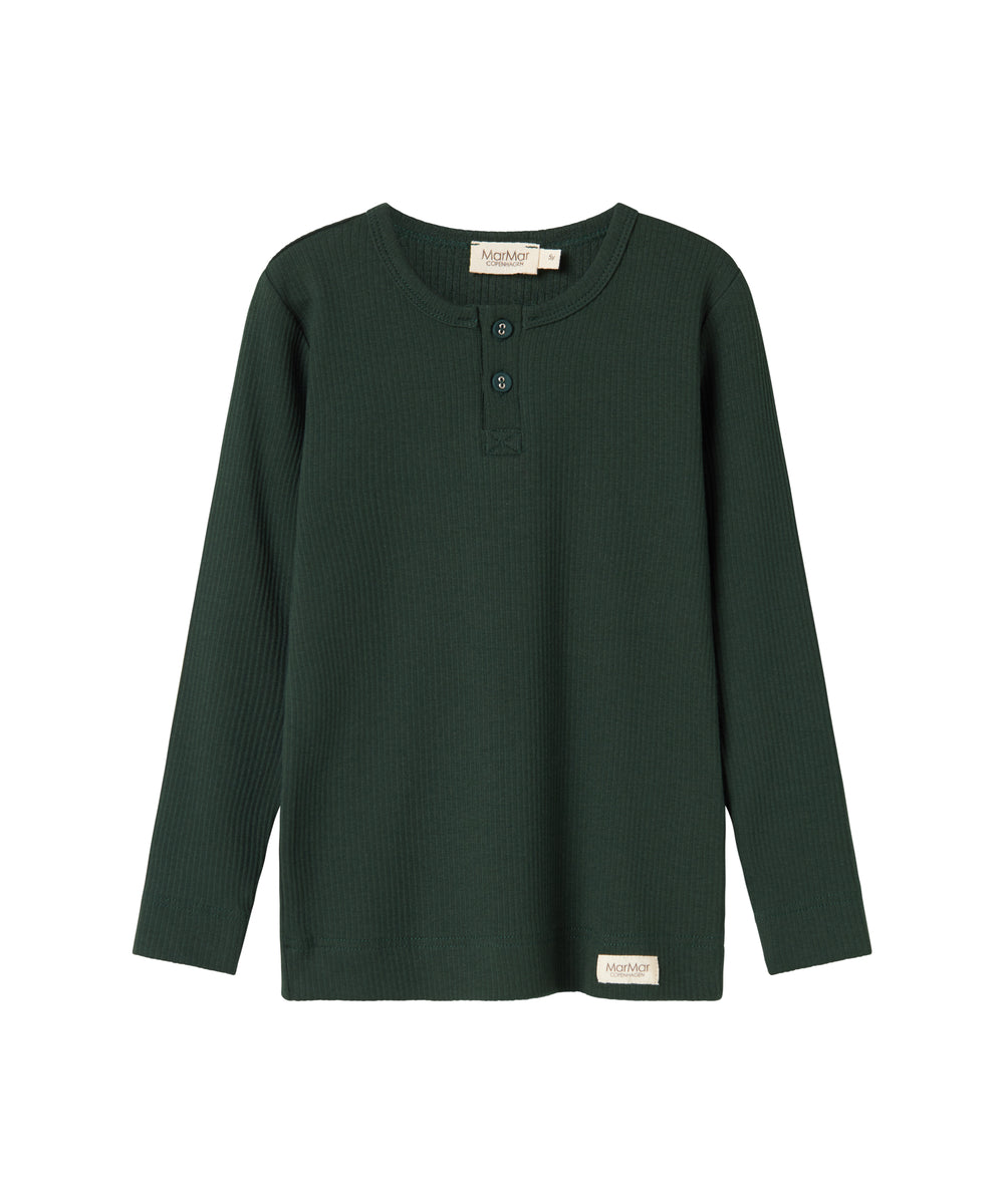 Grøn ribstrikket t-shirt med stolpe knaplukning til børn