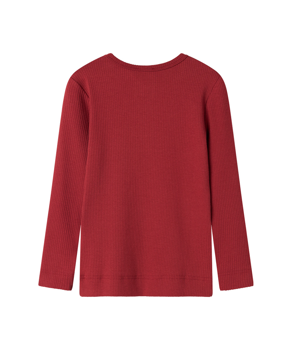 Rød ribstrikket bluse med stolpeknaplukning til børn