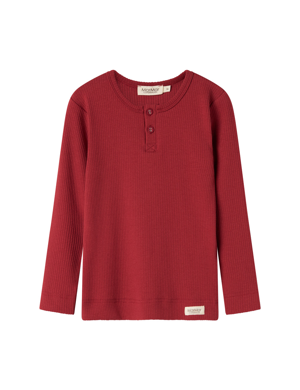 Rød ribstrikket bluse med stolpeknaplukning til børn