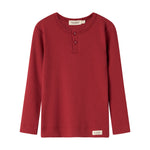 Rød ribstrikket bluse med stolpeknaplukning til børn