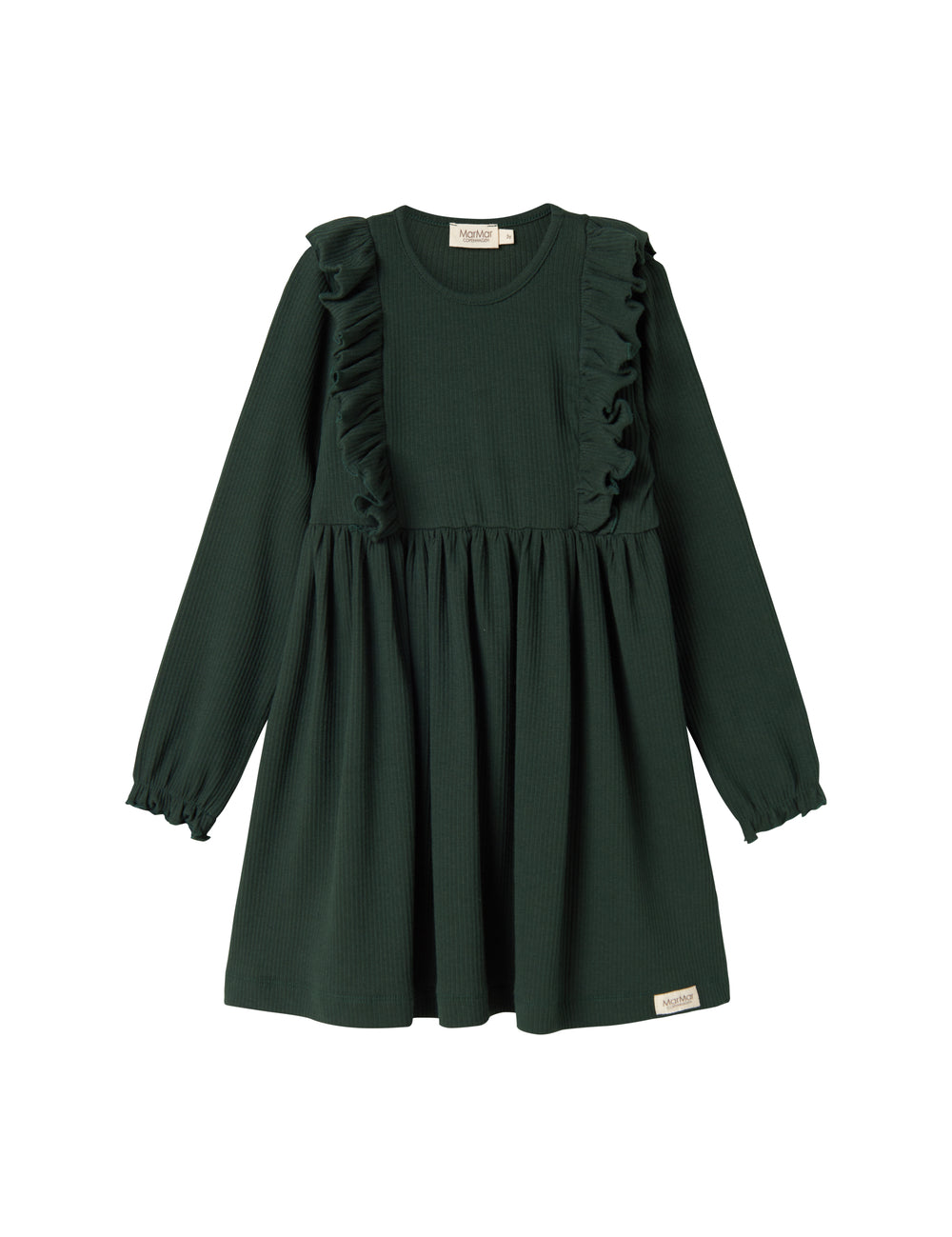 Grøn ribstrikket julekjole med flæser på skuldrene til børn