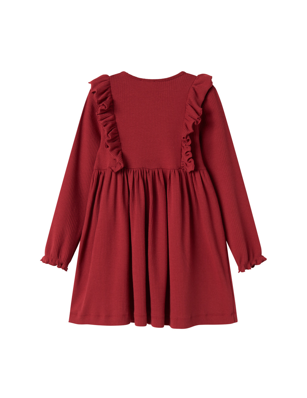 Rød ribstrikket julekjole med flæser på skuldrene til børn