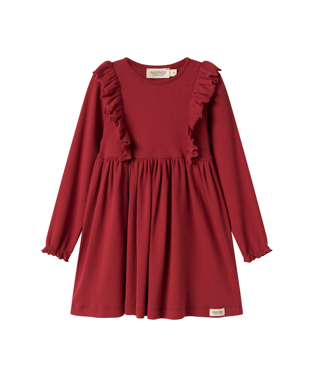 Rød ribstrikket julekjole med flæser på skuldrene til børn