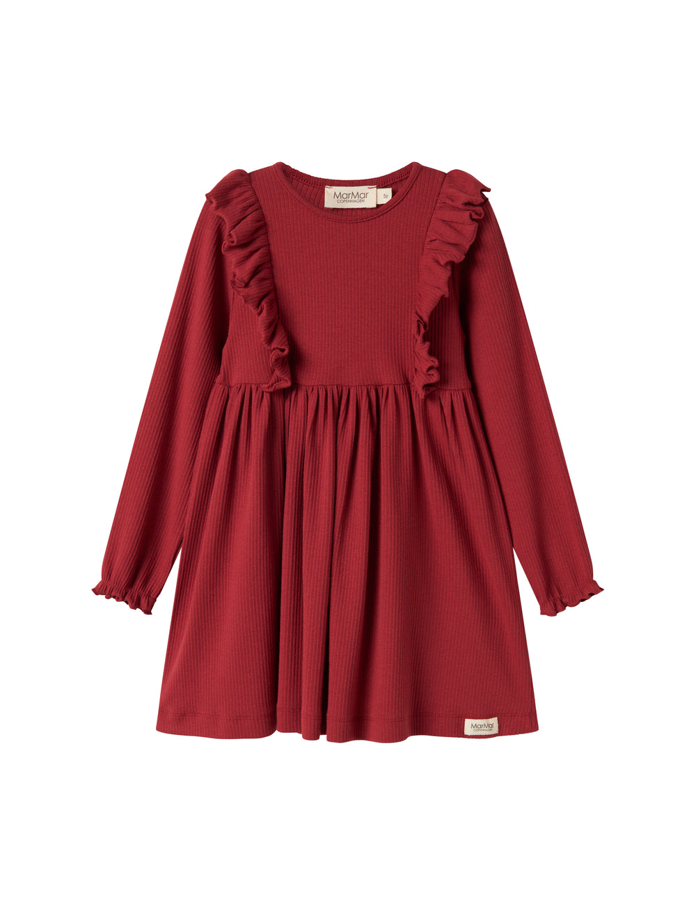 Rød ribstrikket julekjole med flæser på skuldrene til børn