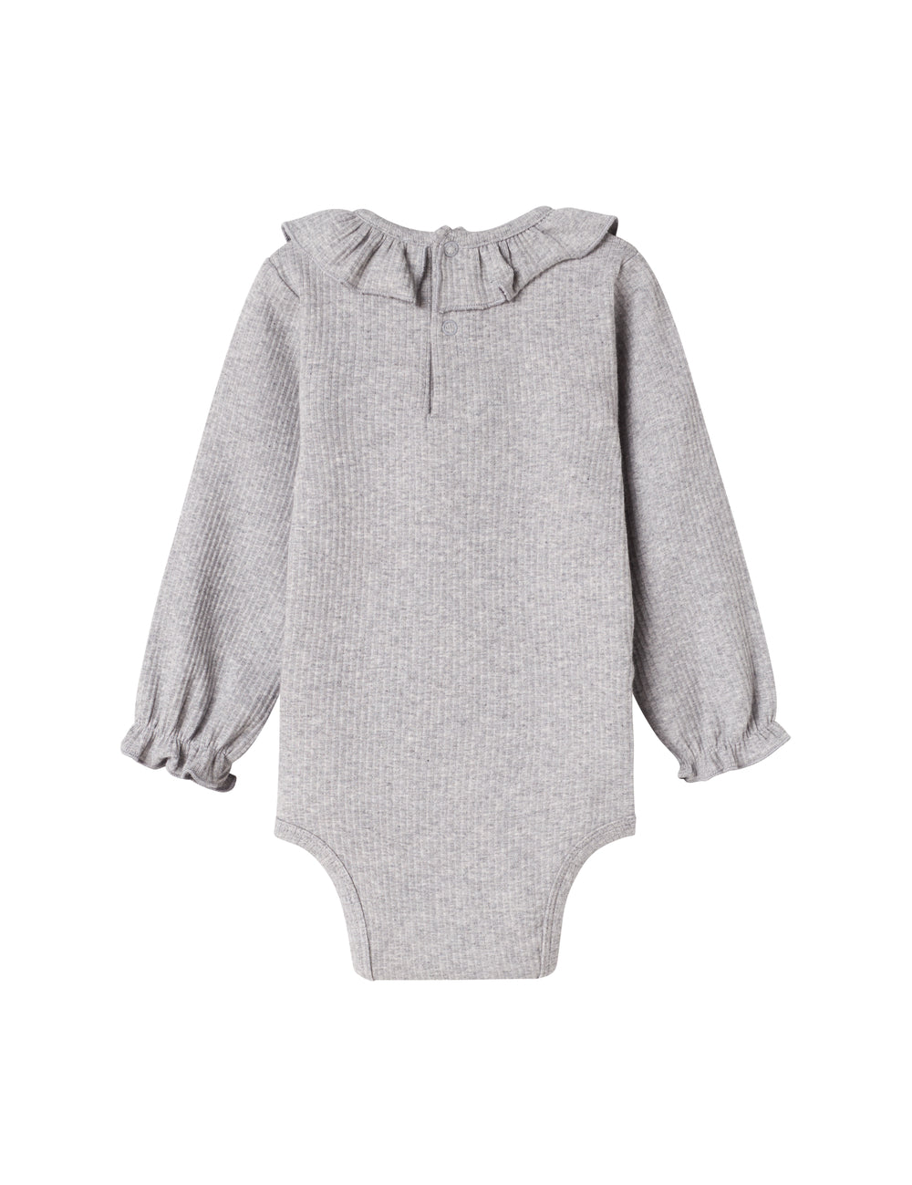 Lysegrå ribbet body med lange ærmer og flæsekrave til baby